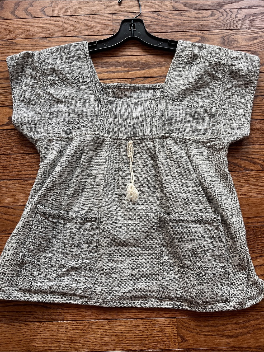 Mexican Handwoven Gray Boho Peasant Top with Tassel Small Medium NWOT